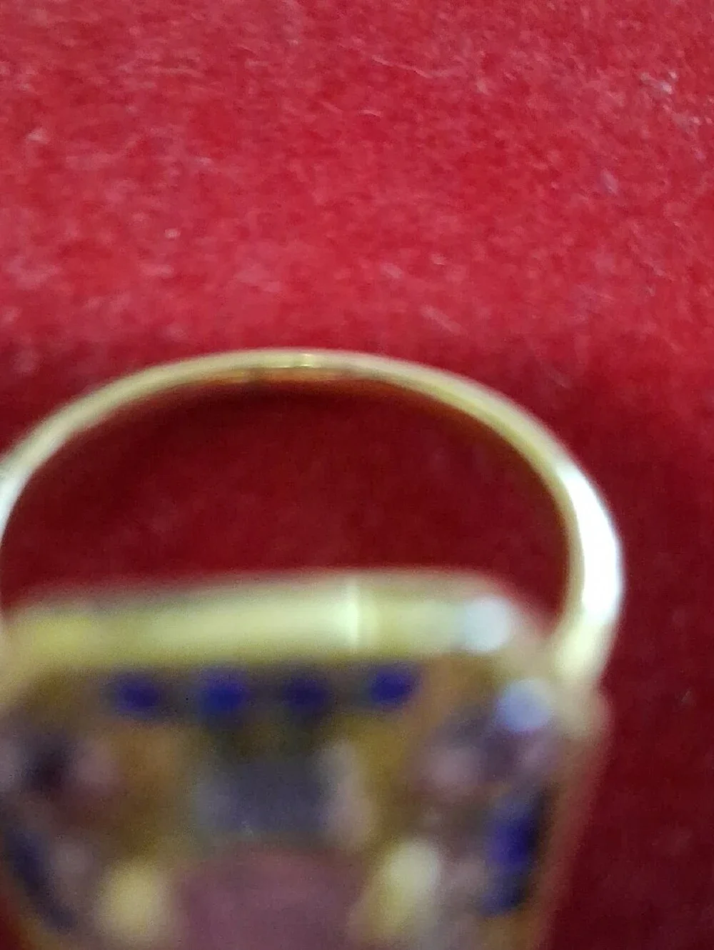 Source Unknown Gold-Tone Ring with Pink Center and Blue Accents